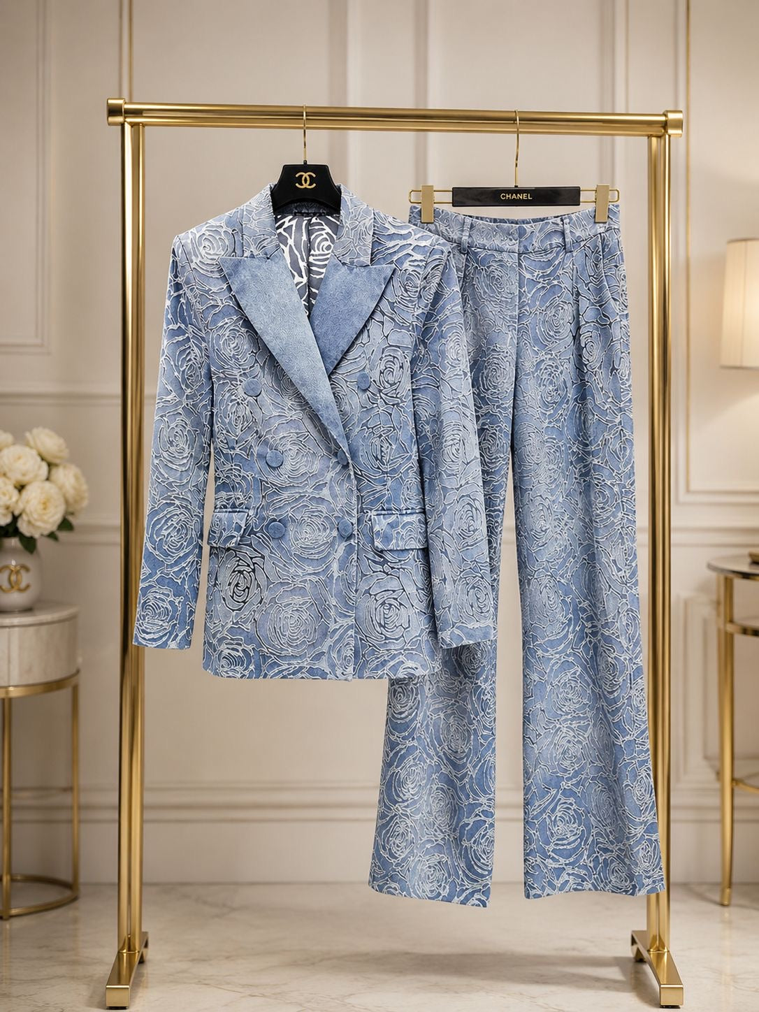 Azure Bloom Denim Couture Suit