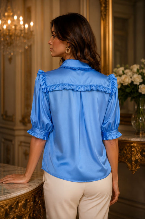 Azure Ruffle Silk Blouse