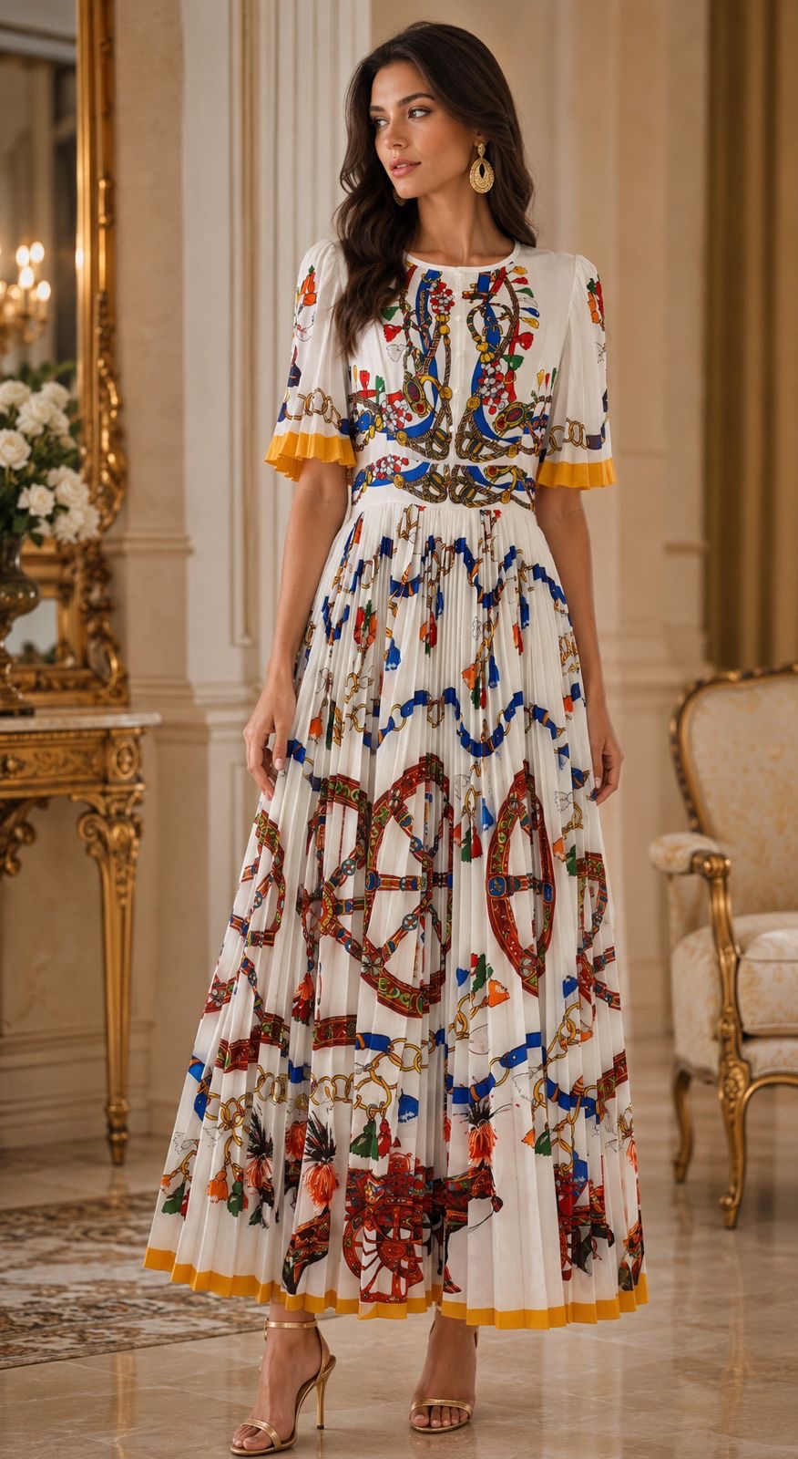 Regal Carousel Pleated Maxi Dress