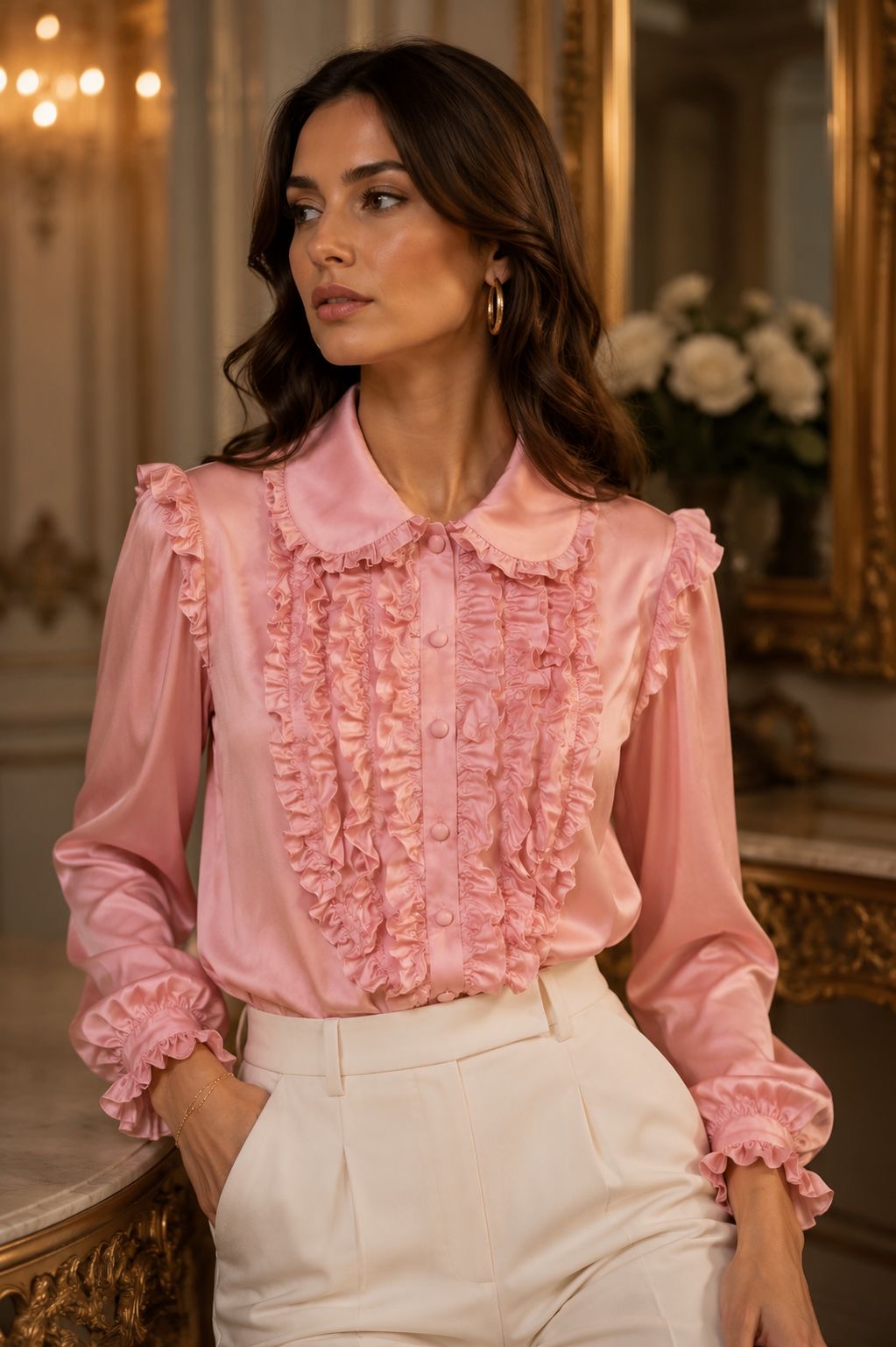 Rosé Ruffle Silk Blouse