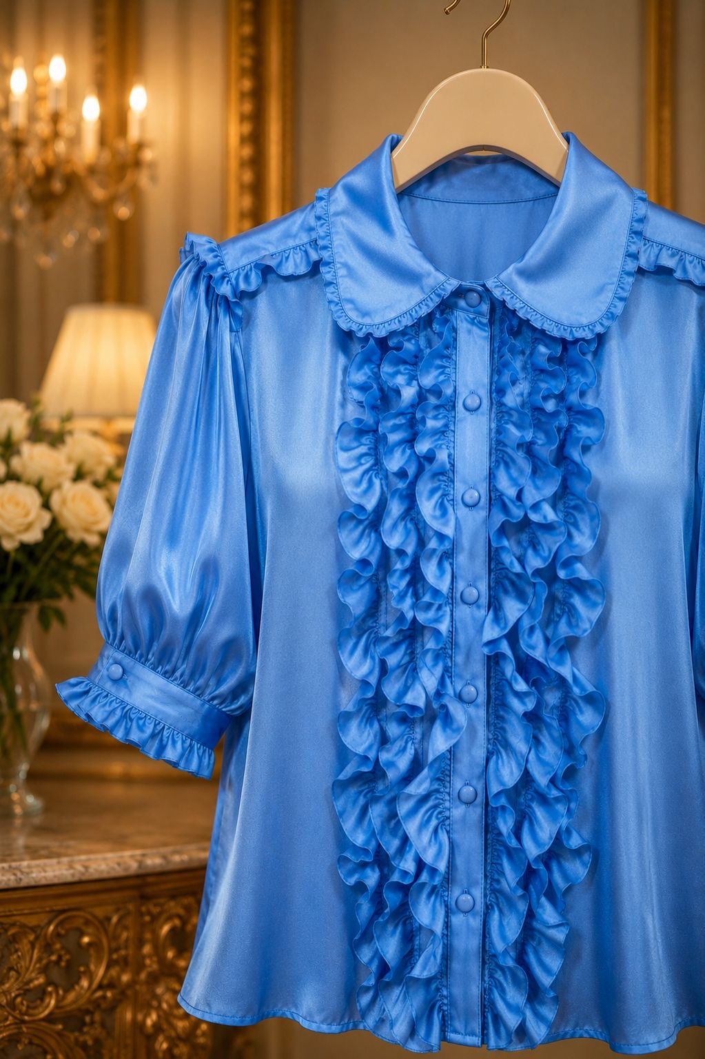 Azure Ruffle Silk Blouse